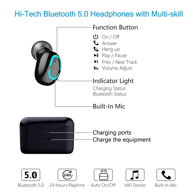 Q38 Bluetooth 5.0 Earphone with digital display TWS Wireless Headphones Sport Handsfree Earbuds 3D Stereo Gaming Headset - ANKUX.COM