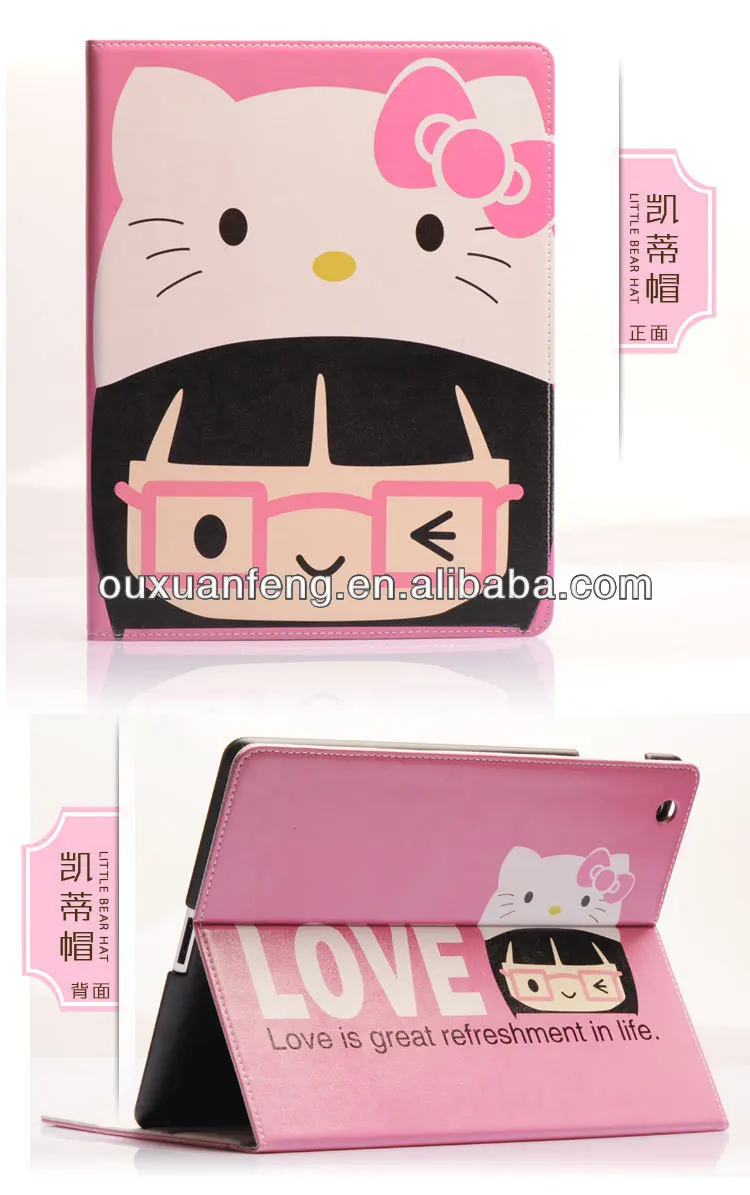 2014 New Arrival Cute Hello Kitty Leather Case Cover for Apple iPad