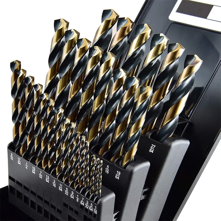 29Pcs Inch Fully Ground Black and Gold Finish HSS Drill Bit Set for Metal Steel Aluminium Drilling in Plastic Box