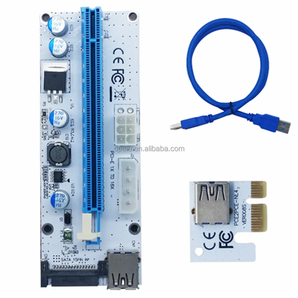 

008S PCIE Riser 4Pin SATA 6PIN PCI-E Riser Card 1X to 16X to USB 3.0 Adapter PCI Riser, White