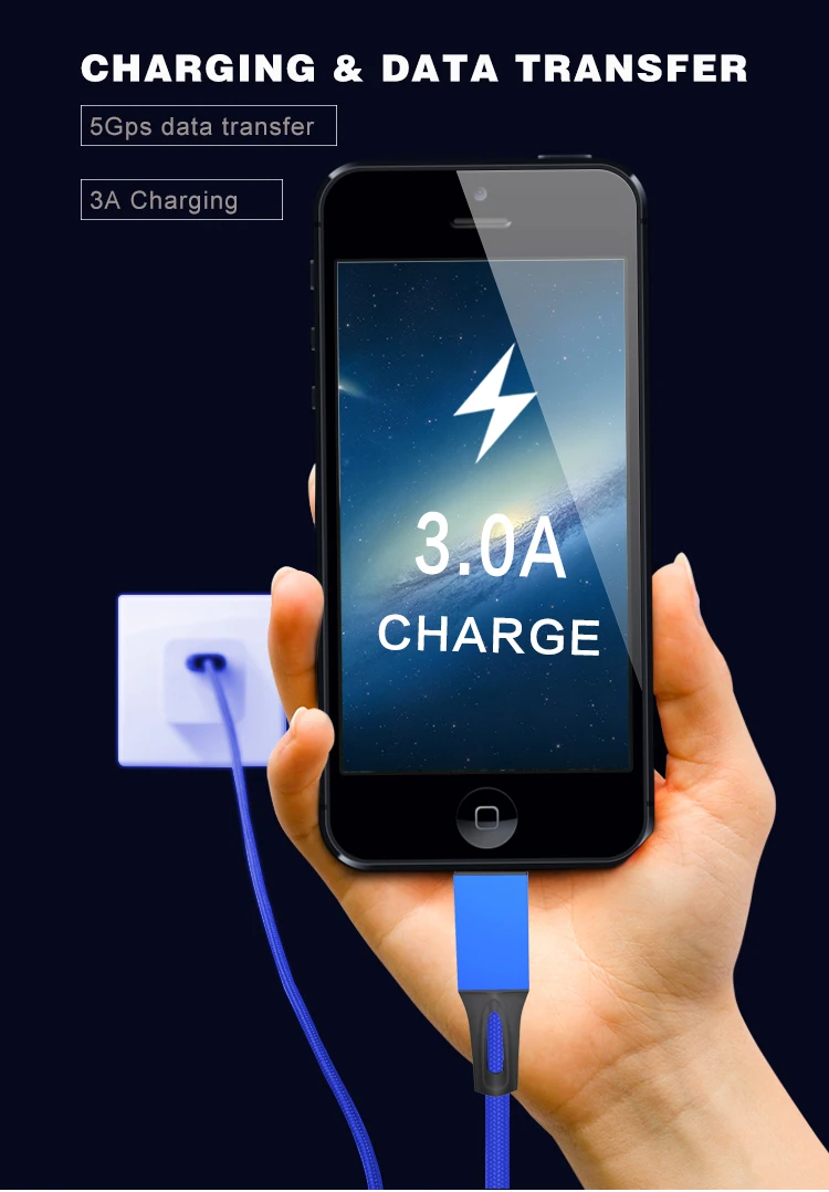 Nylon braided 3ft 6ft 10ft usb 3.0 charger cable micro usb 8pin type C fast charging data cable 3 in 1 fast charger nylon - ANKUX.COM