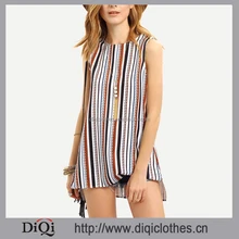 Latest design pictures summer guangzhou clothing factory OEM woman Multicolor Striped Split Side Sleeveless Blouse