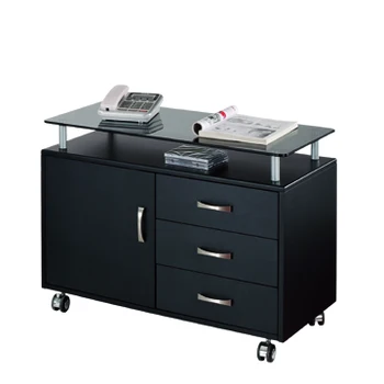 Black Glass Desktop Lateral Mobile Filing Cabinet With Metal