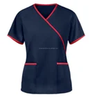 OEM custom style 100% cotton y-neck mock wrap medical female nurse uniform scrub top