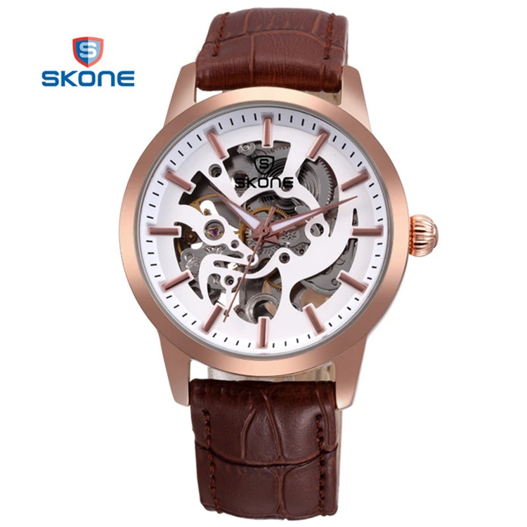 

SKONE S81009JG Top Brand Luminous Pointer Automatic Mechanical Wrist Watch Men Luxury Leather Strap Skeleton relogio masculino