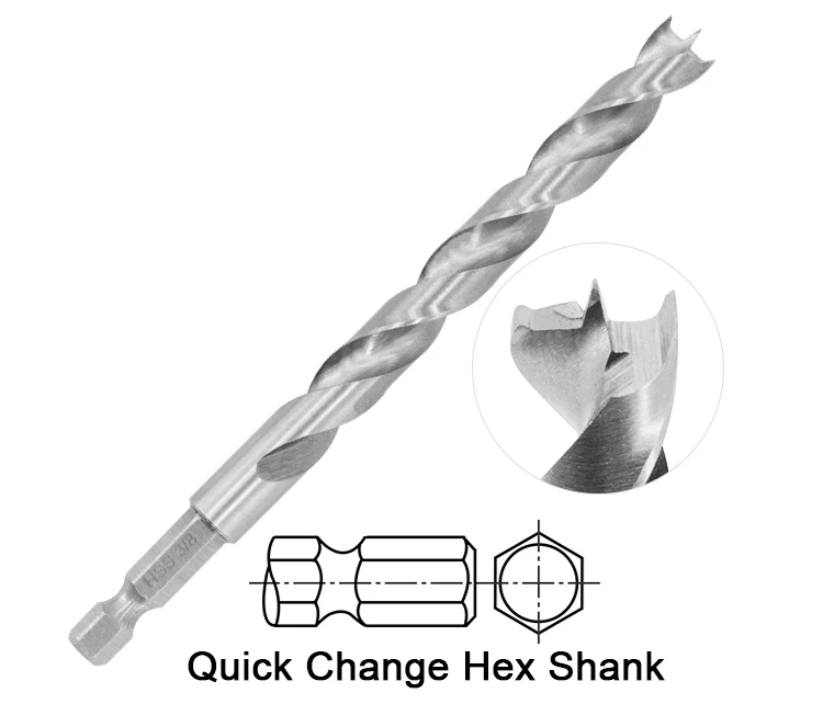 Impact Hex Shank Fast Spiral Crown Head HSS Wood Brad Point Drill Bit for Precision Smooth Wood Hole