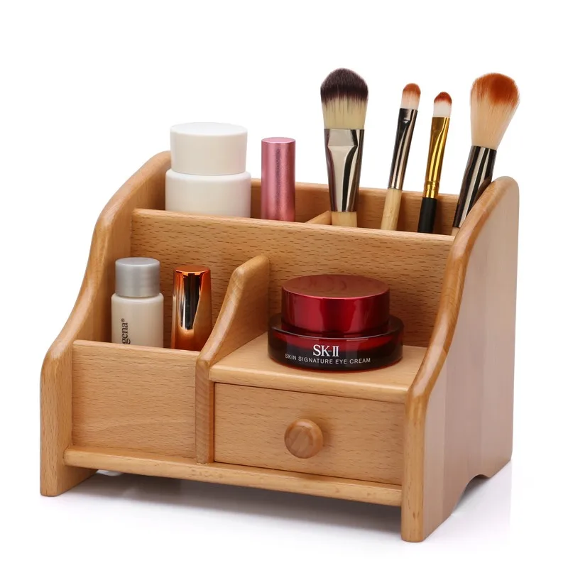 Wooden Makeup Drawer Organizer Desktop Remote Control Storage Box
