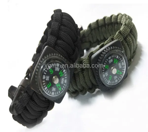 

New Outdoor 9 Inches Paracord Survival Bracelet Rope WhistleKits With Compass Flint Fire, Black/army green
