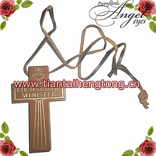 leather cord wood cross pandant necklace, gold printing logo