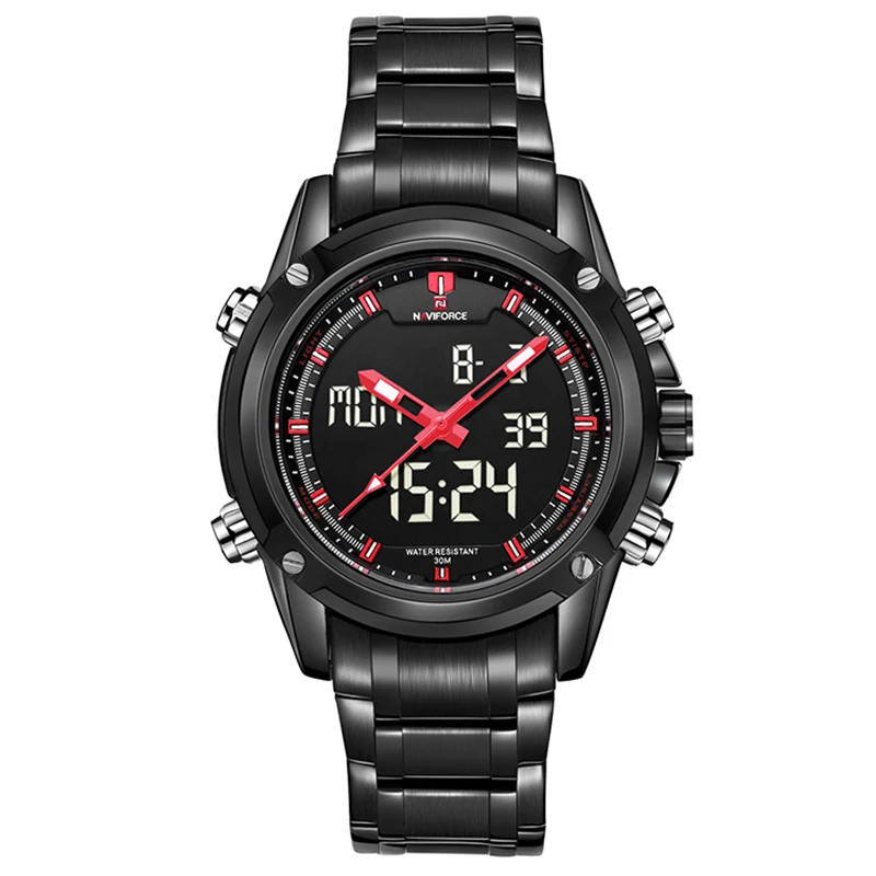 

Multifunction Dual Time Sports Watches Men's Stainless Steel Led Digital Quartz Waterproof Men Luxury Naviforce 9050 Brand Watch