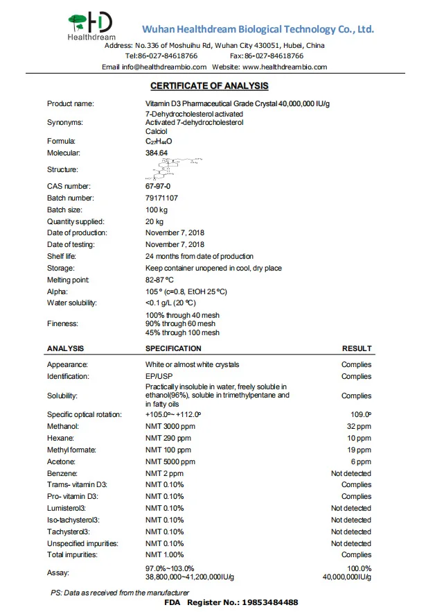 COA of vitamin D3