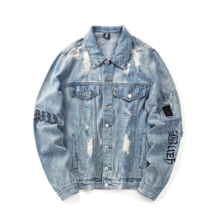 

Professional Factory Made Men's Shredded Distressed Ripped Acid Washed Letters Embroidery Fashion Denim Jacket Activewear Jacket