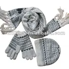 fashion winter girls 100%acrylic jacquard Knitted scarf glove hat sets with handmade beads