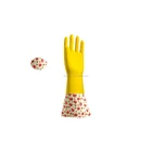 Yellow flock lined household latex glove with long cuff and various pattern