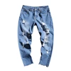 Good sealed in stock popular washed light blue cotton casual denim pants men with zipper