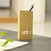 Bamboo Wood Pen Pencil Holder stand LED digital alarm clock,Multi Purpose Use Pencil Cup Pot clock for office school household