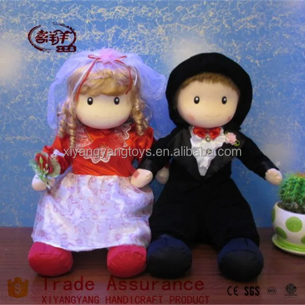 plush cloth art toy wearing hat wedding press doll in dress