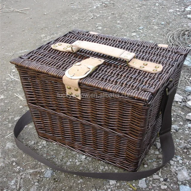 wicker willow picnic basket with forks, knives,spoons,plates
