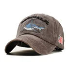 Shark Washed Fabric 100% Cotton Embroidered Cap Baseball with American Flag