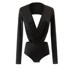 Spring V Neck Back Cut Out Long Sleeve Polyester Black Sexy Bodysuit For Women