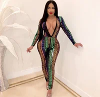 

Sequined Striped Mesh Jumpsuit Women Sexy V Neck Long Sleeve Bodycon Outfits Skinny Bodycon Club Night Party Playsuit