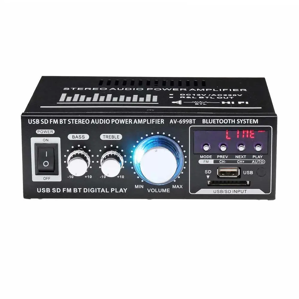 12V/220V 400W 2 CH BT HiFi Stereo Amplifier USB SD FM Radio Power Stereo Car Amplifier Audio Home Amplifier
12V/220V 400W 2 CH BT HiFi Stereo Amplifier USB SD FM Radio Power Stereo Car Amplifier Audio Home Amplifier