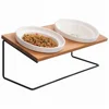 Pet Feeder Cat Bowl Double Ceramic Medium Dogs cat Neck Protection Raised Pet Feeder Bamboo Stand with bowls