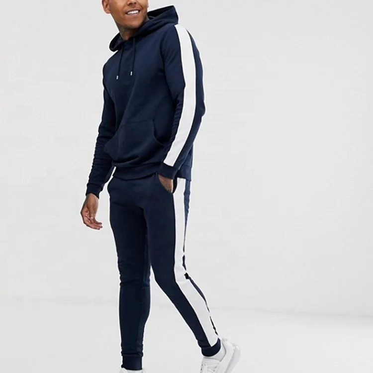 Unipin Custom Sport Wear Contrast Taping Hooded Men's Tracksuits with Side Pockets, Navy with white strip 
Unipin Custom Sport Wear Contrast Taping Hooded Men's Tracksuits with Side Pockets, Navy with white strip