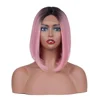 JINGFA HAIR 14" Short Bob Style Wavy Two Tone Black Root Pink Ombre Synthetic Hair Lace Front Wigs for African American Women