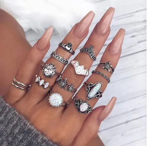 

12 Pcs/Set Vintage Natural Opal Stone Midi Ring Set For Women Boho Antique Silver Turtle Crown Heart Knuckle Rings (SK131), As picture