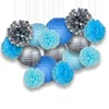 Decorative Paper Party Pack (15pcs) Paper Lanterns and Pom Pom Balls - Silver/Blues