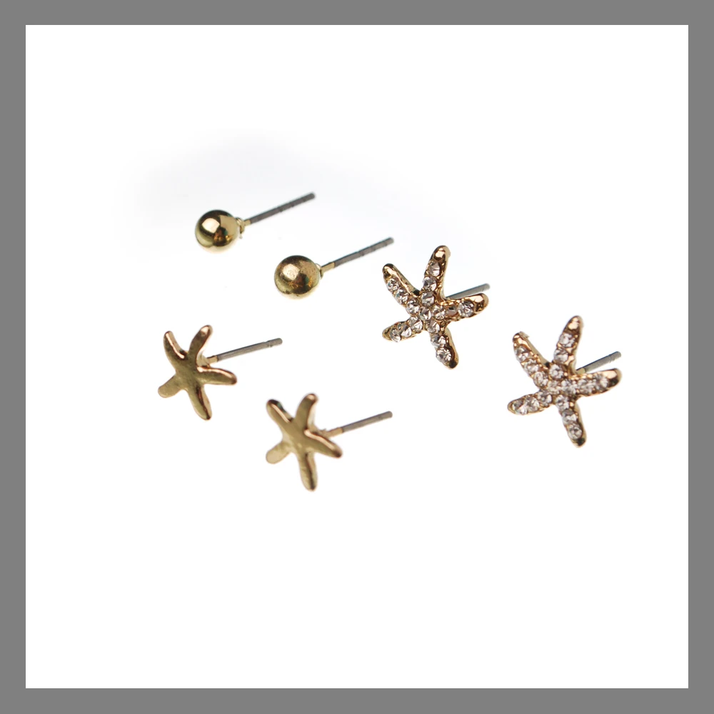 2015 new fashion starfish shaped gold stud earring pack