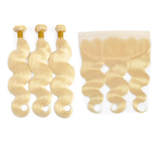 

Brazilian 613 virgin Hair Weave Bundles 613# Platinum Blonde body wave Remy Human Hair 3 Bundles With frontal, Color #613