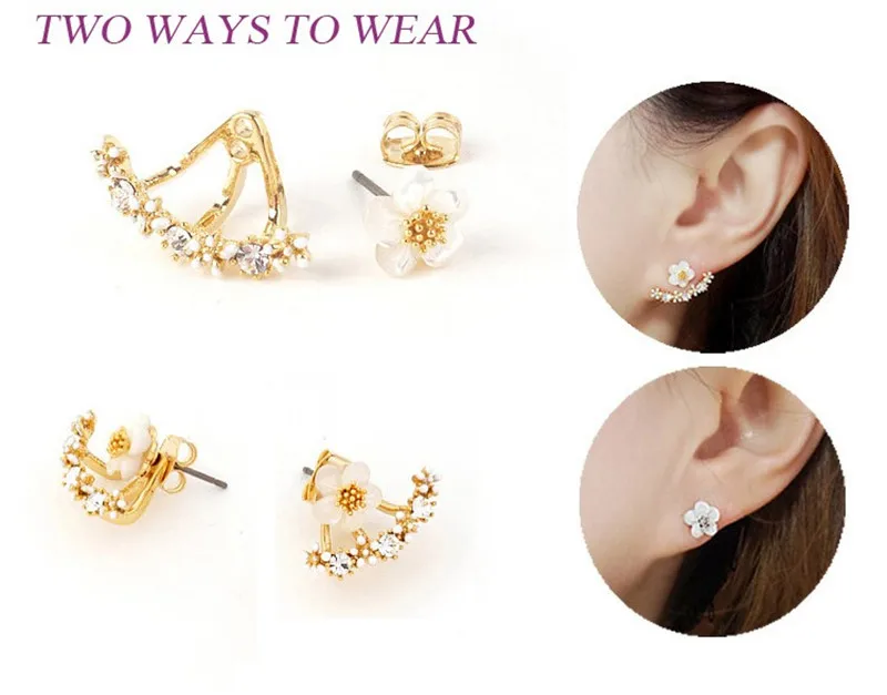 Flower Crystals Stud Earring for Women Rose gold color Double Sided Fashion Jewelry Earrings female Ear brincos Pending