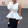 Woven solid Flower Applique concealed Zipper Back Peplum Top sleeveless Belted casual shirt prom wedding party cocktail evening
