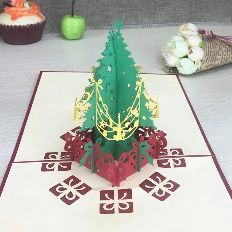 1pcs Sample Christmas Tree 3D Laser Cut Greeting Pop Up Card Ivitation Custom Postcards Christmas Thanksgiving Day Party Gifts