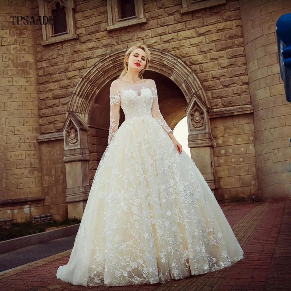 Luxury Lace Ball Gown Long Sleeve Backless wedding dress WF047, Light champagne 
Luxury Lace Ball Gown Long Sleeve Backless wedding dress WF047, Light champagne