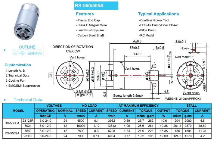 RS -550 High speed 22000rpm 14.4V volt DC motor