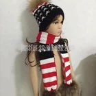 British and American style fashion beanie hat and scarf set with natural big raccoon fur ball decorate