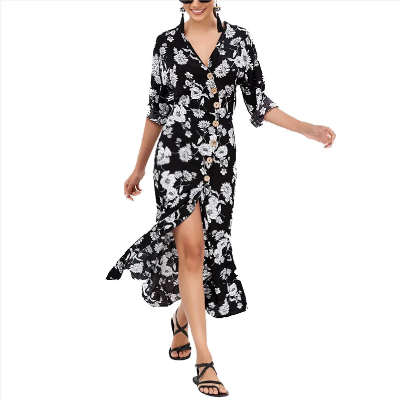 Sexy fashion V neck Chiffon floral dress vintage style long sleeve button down dress custom made dress
Sexy fashion V neck Chiffon floral dress vintage style long sleeve button down dress custom made dress