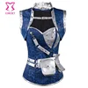 Corzzet Silver Leather Blue Jacquard Corset With Short Buckle Jacket Gothic Outfit Bustier Armor Women Steampunk Ball Clothing