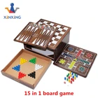 Multiple combinations 15 in 1 wooden backgammon game with checker poker domino dices ludo and chess board game set