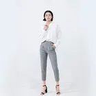 2019 simple plaid pleated gray color matching hipster tapered women fashion trousers pants