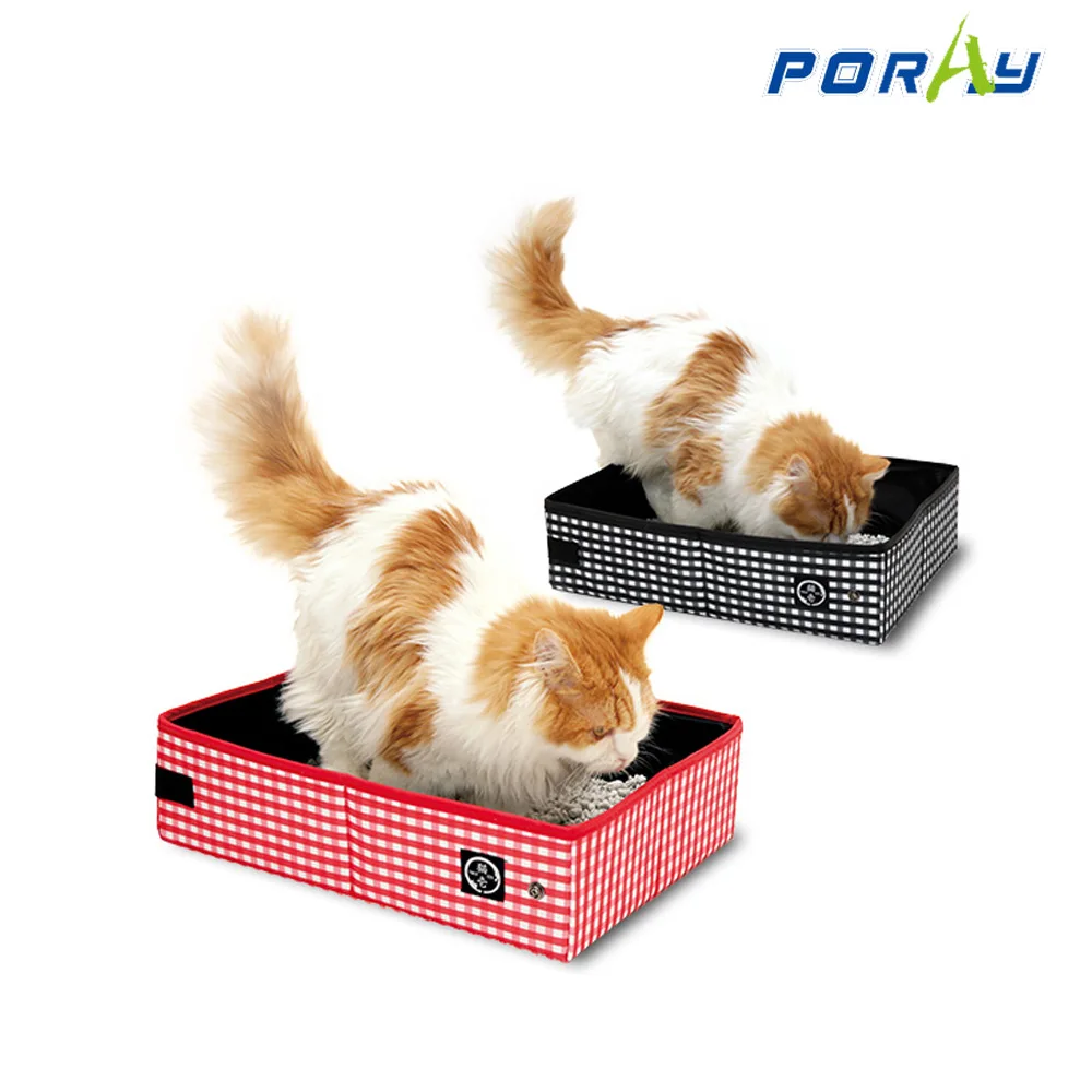 Cat W/C litter box with Black/Red and white checked pattern