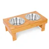 Bamboo Elevated Pet Feeder 2 Dog Bowls Raised Stand with Double Stainless Steel Bowls