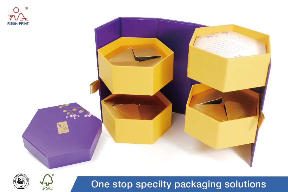 personalized purple hexagon mooncake gift box with fancy flowers