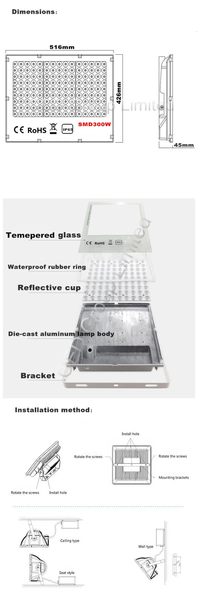 New honeycomb type LED 300 watt flood light