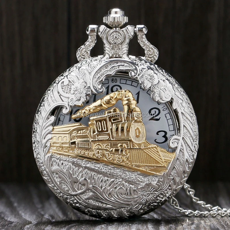 Старинные серебряные Очаровательные золотые поезд резное открываемое полые стимпанк кварцевые карманные часы