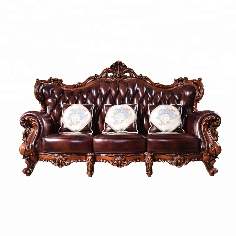 Antique Wooden Sofa Genuine Leather Cover Classic Design Wood Sofa