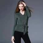 Elegant Sweater Knit Ladies Blouse&Shirts Bow Tie Bodycon Women Tops